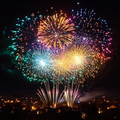Fireworks display over a city at night. Vibrant bursts of color explode in the dark sky.  City lights faintly visible below