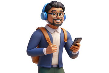 Smiling 3d cartoon man with backpack and headphones