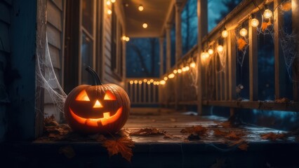Obraz premium Spooky Halloween pumpkin glows warmly on a rustic porch decorated with spiderwebs and string lights, perfect for festive fall celebrations