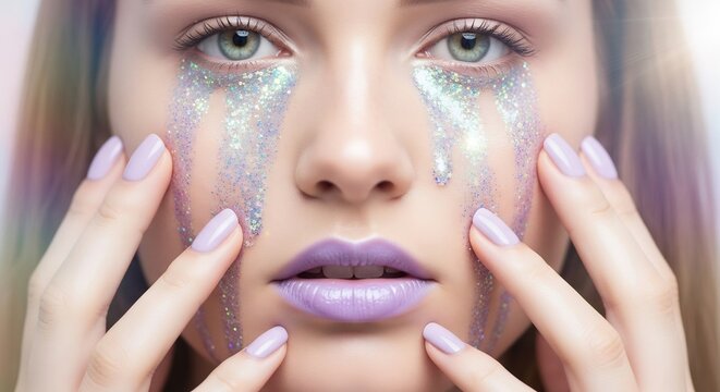 Close up of a young woman with holographic glitter tears on her cheeks and pastel purple lipstick, her hands framing her face in a surreal, artistic portrait