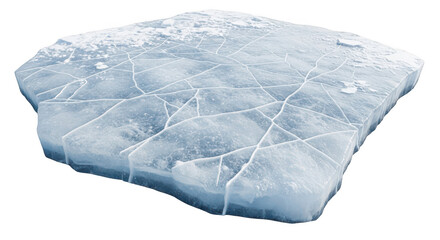 Textured ice block with intricate crack patterns, showcasing the visual beauty of frozen water and its cold, crystalline structure, isolated for themes of winter, purity, and natural elements