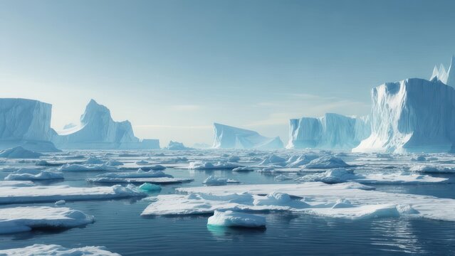 Stunning arctic landscape with majestic icebergs floating in tranquil waters, perfect for environmental awareness campaigns or travel brochures showcasing icy wonderlands