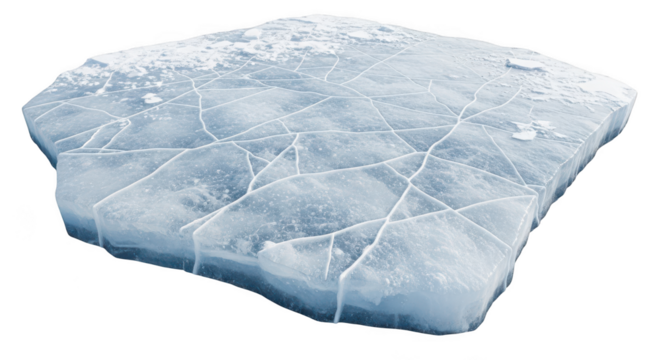 Textured ice block with intricate crack patterns, showcasing the visual beauty of frozen water and its cold, crystalline structure, isolated for themes of winter, purity, and natural elements