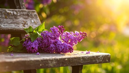 Lilac bouquet on weathered bench