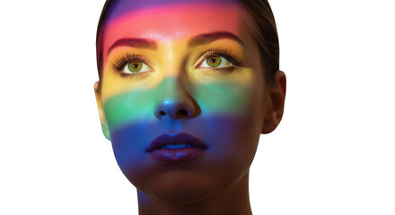 Creative beauty portrait of a woman's face illuminated by a vibrant rainbow light spectrum, symbolizing pride, diversity, and individuality