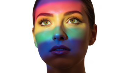 Creative beauty portrait of a woman's face illuminated by a vibrant rainbow light spectrum, symbolizing pride, diversity, and individuality