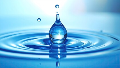 Close Up of a Water Droplet Creating Ripples in a Pool of Clear Liquid on a Soft Blue Background with Reflected Light and Circular Waves