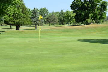 Obraz premium Golf course putting green and partial fairway view showing the goal of sinking a put in the location indicated with the yellow flag and pole.