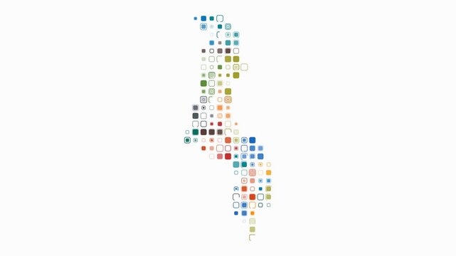 Malawi animated country shape. Pulsating colored dots on the map of the country. Large size rounded square blocks. Digital style Malawi map on white background. Abstract animation video.