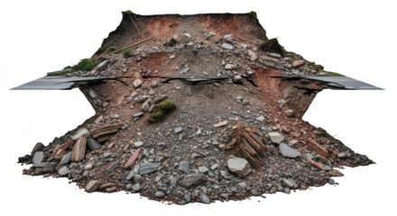 Isolated heap of earth, stones, and construction rubble with a fragment of an asphalt road on top, creating an abstract cross-section