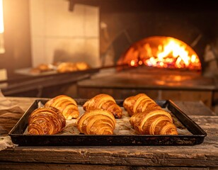 Freshly baked croissants on a tray near a wood-fired oven