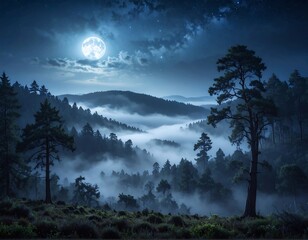 Fototapeta premium Misty mountain landscape under a full moon