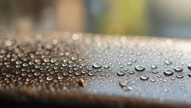 Delicate water droplets cling to a smooth surface, creating a mesmerizing display of light and reflection, perfect for soothing backgrounds and textures