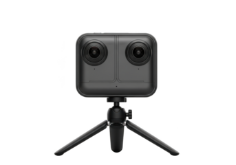 High-resolution 360-degree camera mounted on a compact tripod studio shot transparent background