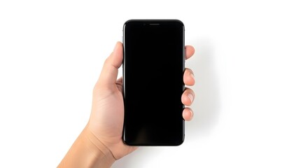 Close-up of human hand holding contemporary phone with blank black screen template