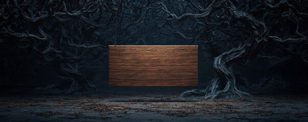 Halloween wooden sign with dark twisted tree background creates mysterious and eerie atmosphere perfect for spooky seasonal themes