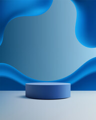 product background podium display in modern blue abstract stage with wavy shapes and reflective surface for elegant minimal showcase design template mockup presentation studio visualization