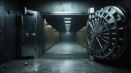Securely access your valuables within this imposing, modern bank vault filled with countless safety deposit boxes and a robust, metallic vault door.