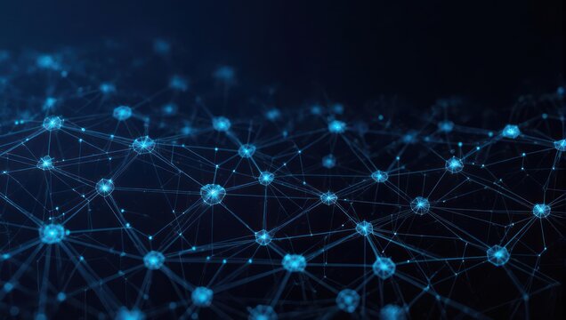 Dynamic glowing blue network of interconnected nodes and lines, representing data flow and global connection in a futuristic digital space.