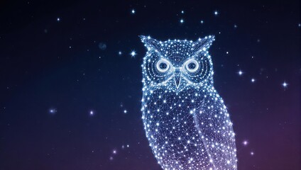 Fototapeta premium Stunning polygonal owl glowing with bright white light against a dark starry night sky evoking wisdom and knowledge