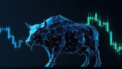 Dynamic digital bull symbolizes market growth and financial success against a backdrop of fluctuating stock charts, inspiring investor confidence and future prosperity.