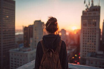 Young woman watching city sunset from rooftop