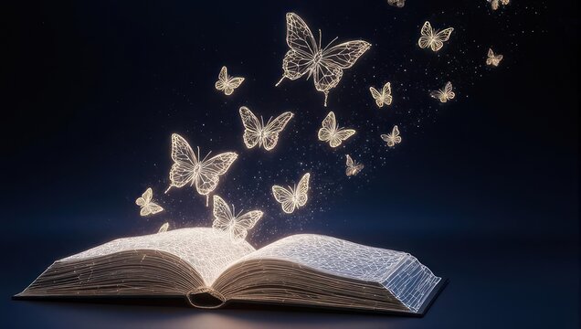 Magical glowing book releases luminous butterflies into a starry night sky, igniting imagination and wonder