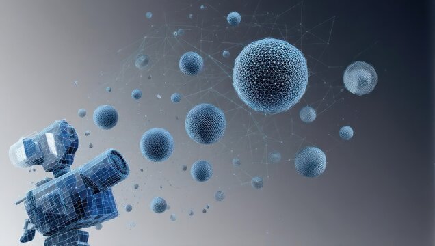 Dynamic 3D network connects abstract digital spheres and futuristic satellite, representing advanced data science and global communication