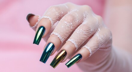 Stunning Chrome Nail Art Design Emerald Green & Gold Mirror Nails