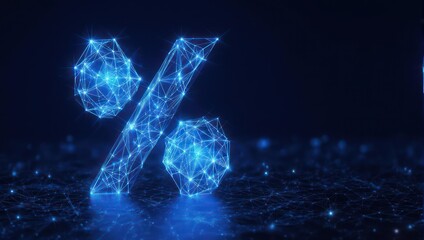 Stunning abstract digital percentage symbol glows with vibrant blue energy, representing financial success, growth, and modern technology on dark background.