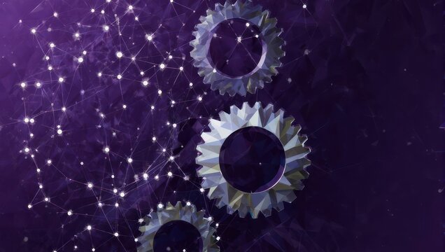 Dynamic gears mesh with glowing network points, symbolizing interconnectedness, innovation, and the future of technology and business operations. - Powered by Adobe