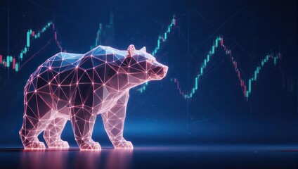 Stunning digital bear sculpture illuminates a dynamic stock market chart, symbolizing finance and economic trends with modern artistry.