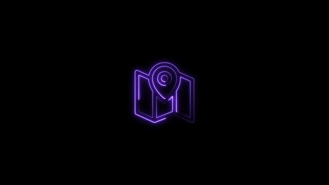 Purple neon outline of a folded map with a location pin icon on a black background navigation travel