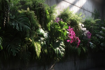 Vertical Garden Wall With Tropical Plants And Orchids
