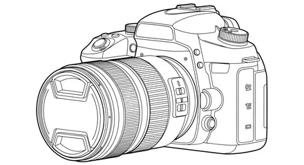 Line drawing of a modern DSLR camera with lens.
