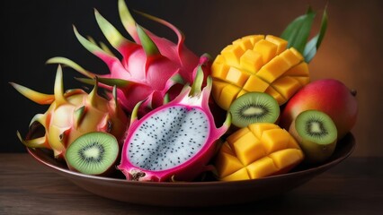 Vibrant tropical fruit platter featuring dragon fruit, mango, and kiwi bursting with exotic flavors and visual appeal for healthy eating inspiration.