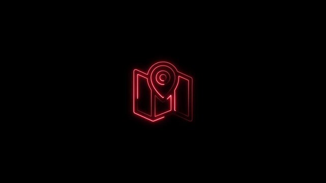 Red neon outline of a folded map with a location pin icon on a black background navigation travel