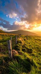 Scenic sunset over grassy hillside