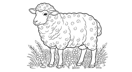 Obraz premium Black and white illustration of a sheep standing in a field of grass and flowers.