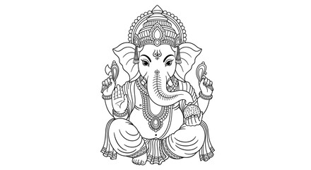 Line art illustration of Ganesha, the Hindu god with an elephant head, seated in a meditative pose.