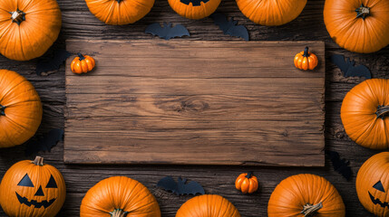 Halloween wooden sign background with pumpkins and bats creates festive autumn atmosphere perfect for seasonal decoration