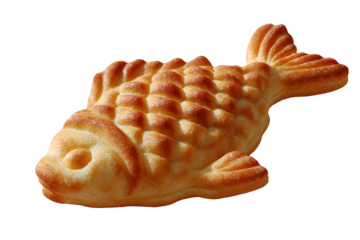 Close-up of a single golden taiyaki shaped like a fish, crisp and fluffy, isolated on white background, ideal for menu design or packaging mockup.