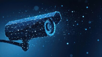 Advanced digital security camera captures data with futuristic network overlay, symbolizing surveillance and AI protection in a modern tech landscape.