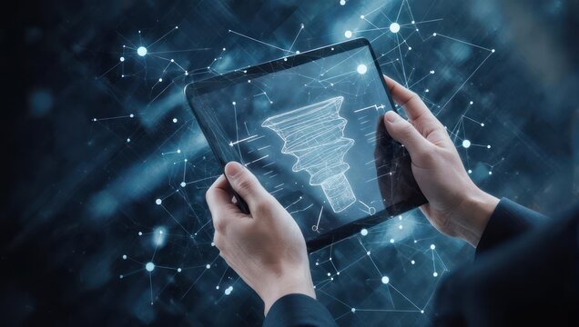 Dynamic digital network visualization on tablet screen, presenting abstract data vortex and interconnected nodes for technology innovation