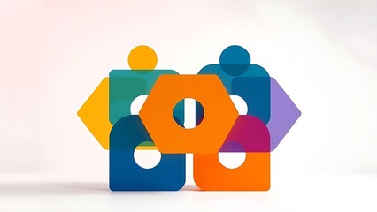 Abstract teamwork concept with interlocking geometric shapes on gradient.