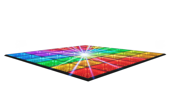 Vibrant disco dance floor with radiant light effects and geometric patterns transparent background