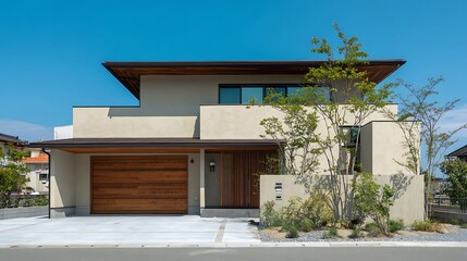 Modern House with a Wooden Garage Door Accent / 木製のガレージドアがアクセントのモダンな家
