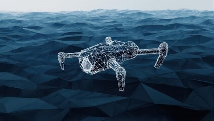 Futuristic drone blueprint hovering over abstract digital ocean, symbolizing innovation and advanced technology in exploration and data.