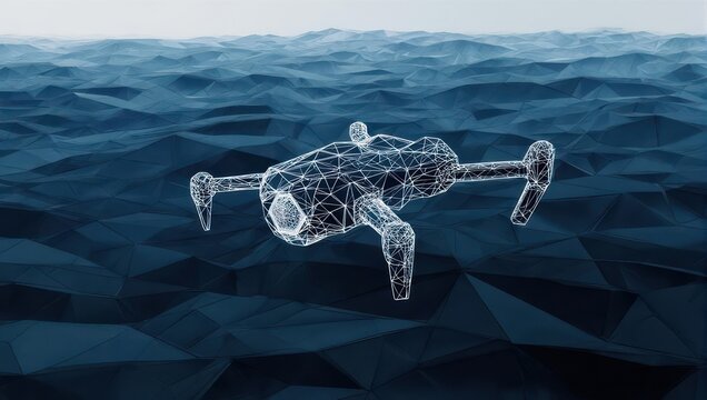 Futuristic drone blueprint hovering over abstract digital ocean, symbolizing innovation and advanced technology in exploration and data.