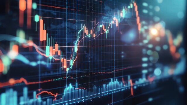 Dynamic stock market graph displays financial growth trends on a futuristic digital interface with vibrant blue and orange hues, perfect for business analysis. - Powered by Adobe